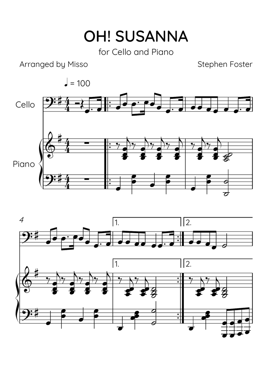 Oh! Susanna - Cello and Piano in G Major - Intermediate Level - Sheet Music Piano scores gallery preview page 1