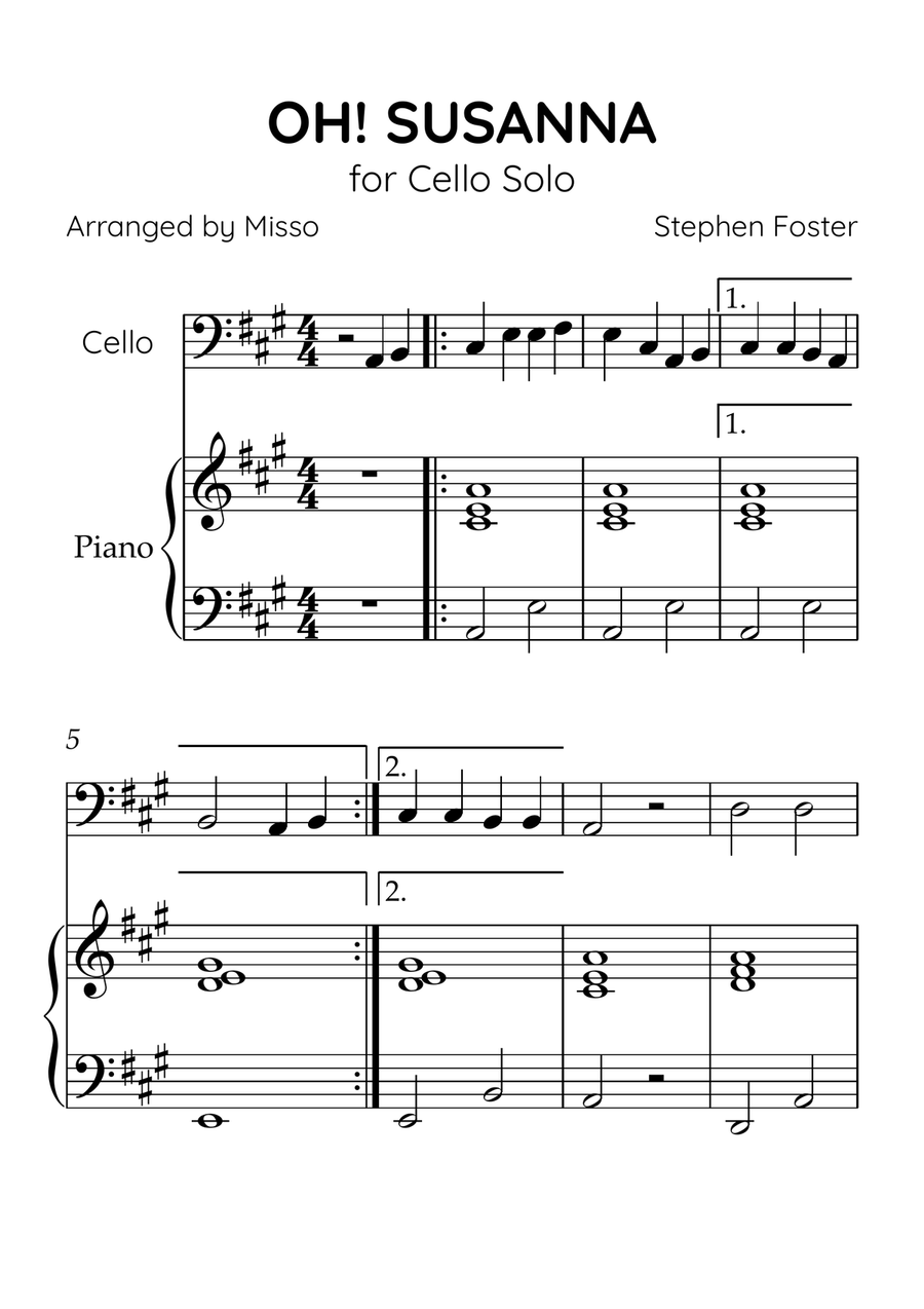 Oh! Susanna - Cello and Piano in A Major - Beginner Level - Sheet Music Piano scores gallery preview page 1