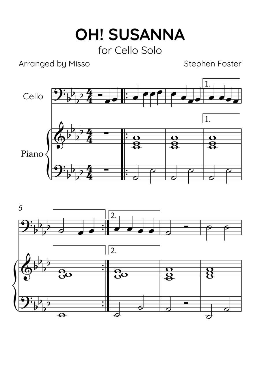 Oh! Susanna - Cello and Piano in Ab Major - Beginner Level - Sheet Music Piano scores gallery preview page 1