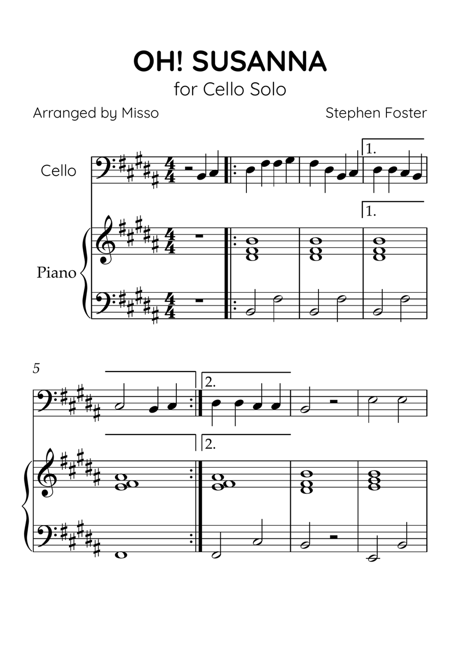 Oh! Susanna - Cello and Piano in B Major - Beginner Level - Sheet Music Piano scores gallery preview page 1
