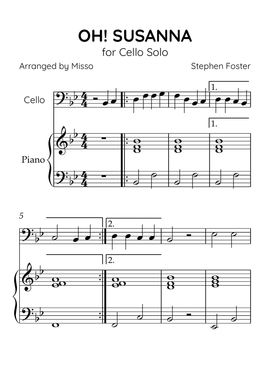 Oh! Susanna - Cello and Piano in Bb Major - Beginner Level - Sheet Music Piano scores gallery preview page 1