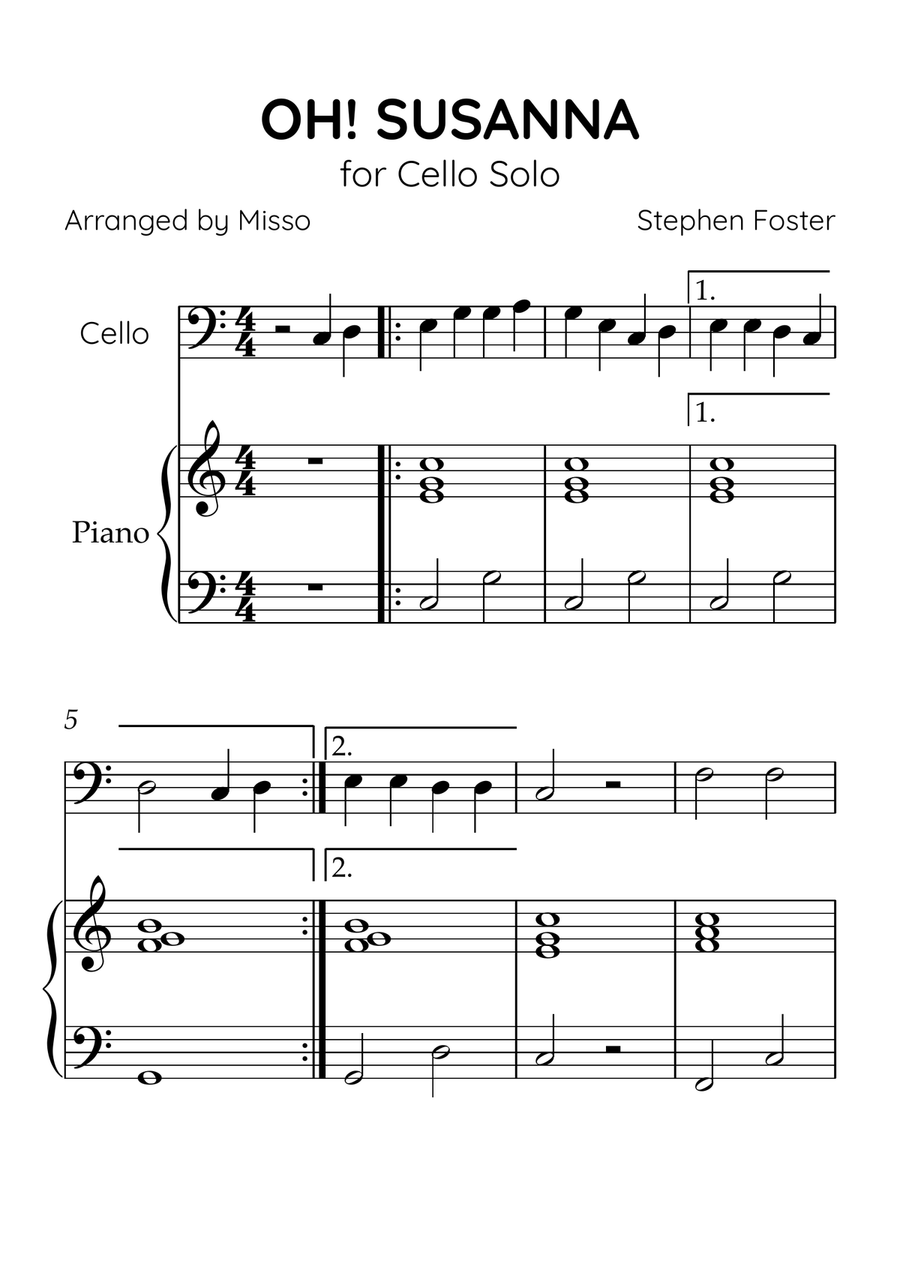 Oh! Susanna - Cello and Piano in C Major - Beginner Level - Sheet Music Piano scores gallery preview page 1