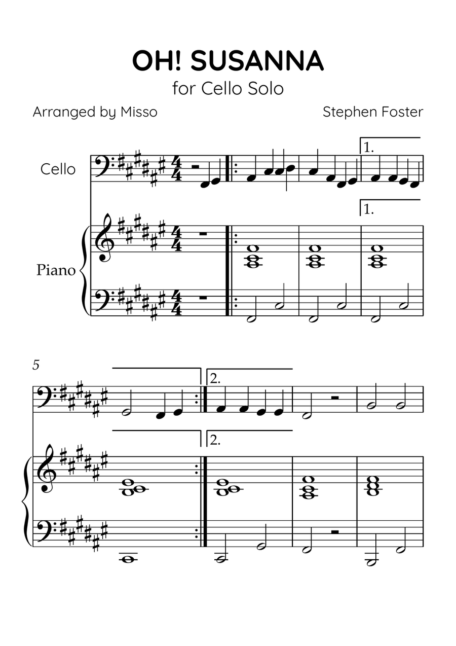 Oh! Susanna - Cello and Piano in F# Major - Beginner Level - Sheet Music Piano scores gallery preview page 1