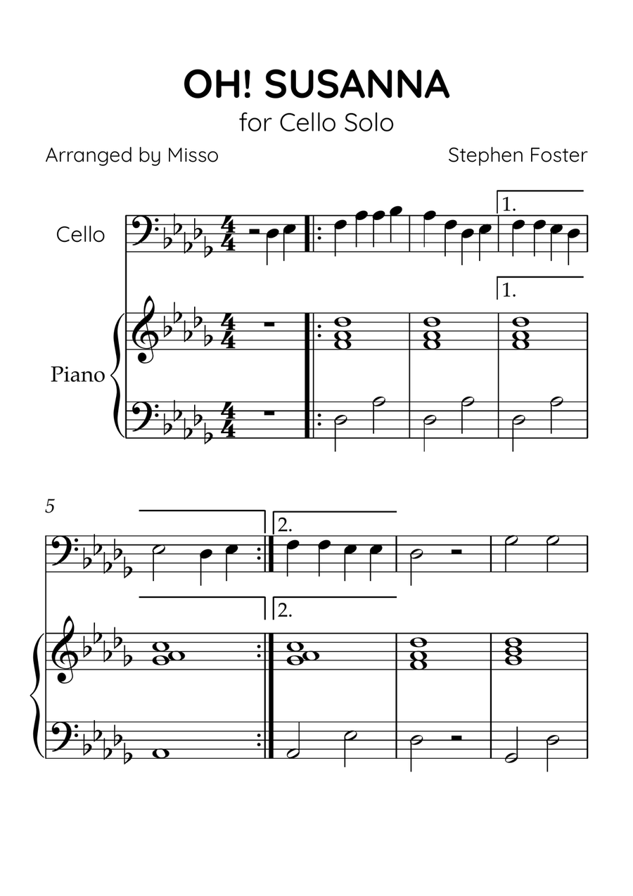 Oh! Susanna - Cello and Piano in Db Major - Beginner Level - Sheet Music Piano scores gallery preview page 1