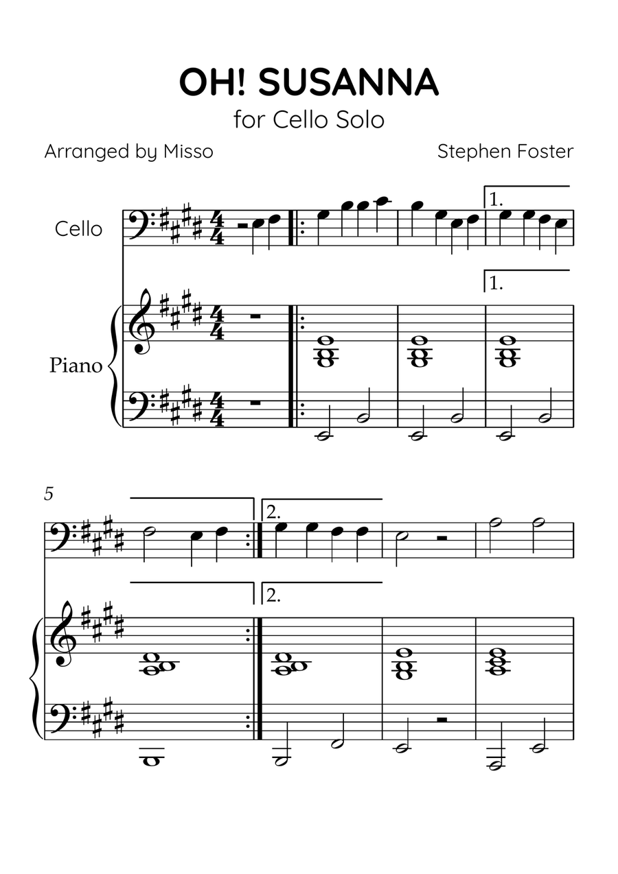 Oh! Susanna - Cello and Piano in E Major - Beginner Level - Sheet Music Piano scores gallery preview page 1
