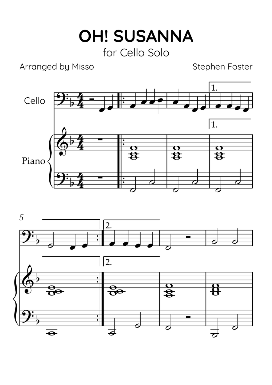Oh! Susanna - Cello and Piano in F Major - Beginner Level - Sheet Music Piano scores gallery preview page 1