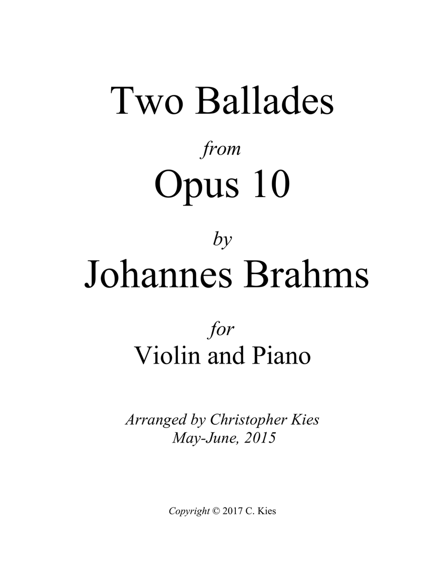 Two Ballades from Opus 10 (No. 2 & 4) by Johannes Brahms for violin and piano Chamber Music scores gallery preview page 1