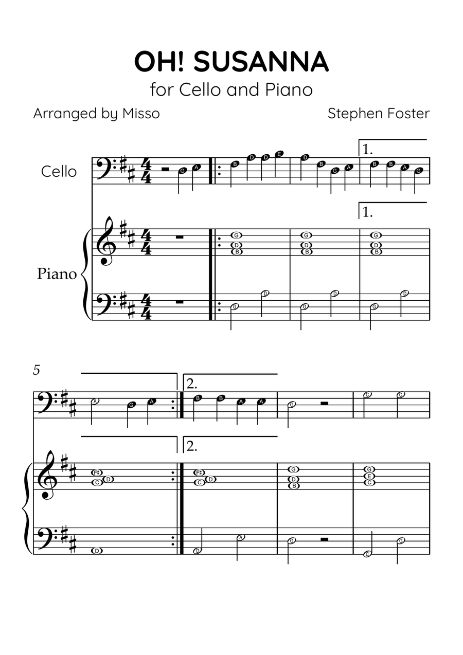 Oh! Susanna - Cello and Piano in D Major - Beginner Level Letter Names - Sheet Music Piano scores gallery preview page 1