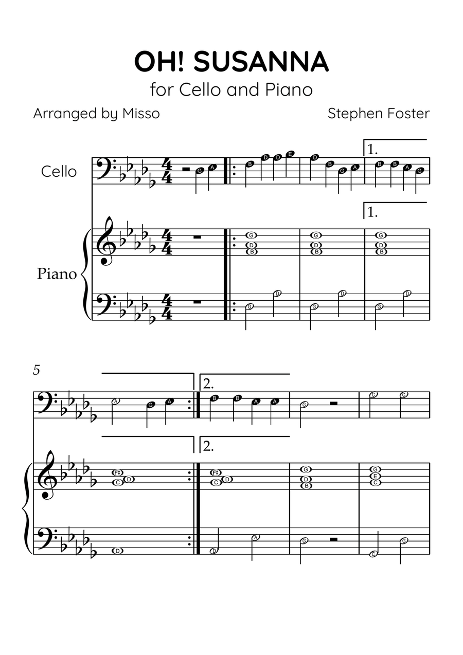 Oh! Susanna - Cello and Piano in Db Major - Beginner Level Letter Names - Sheet Music Piano scores gallery preview page 1