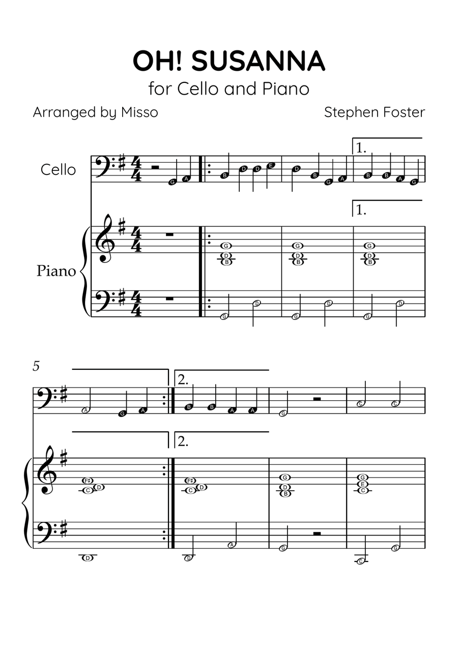Oh! Susanna - Cello and Piano in G Major - Beginner Level Letter Names - Sheet Music Piano scores gallery preview page 1