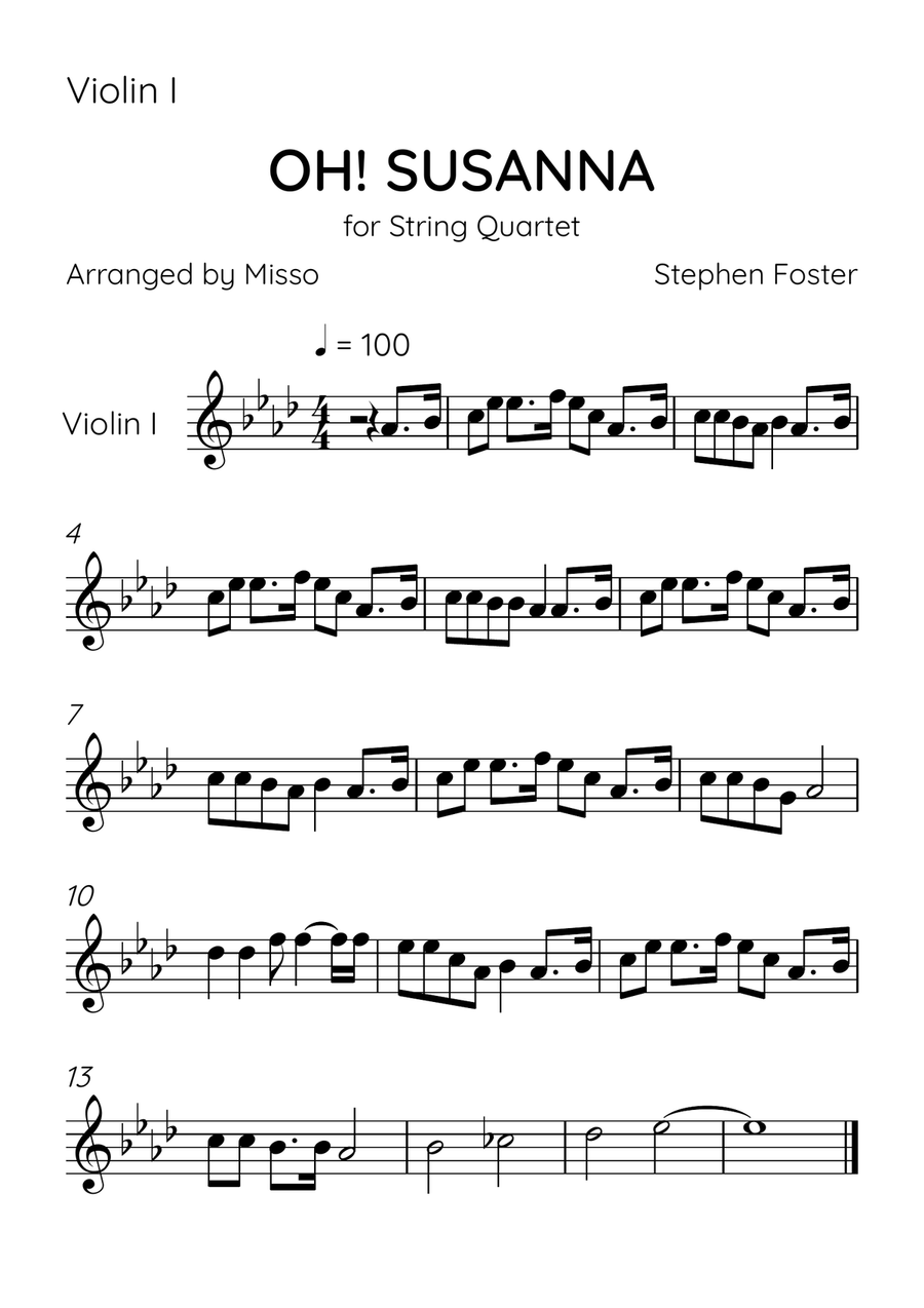 Oh! Susanna - String Quartet in Ab Major - Intermediate Level - Sheet Music String Quartet scores gallery preview page 3