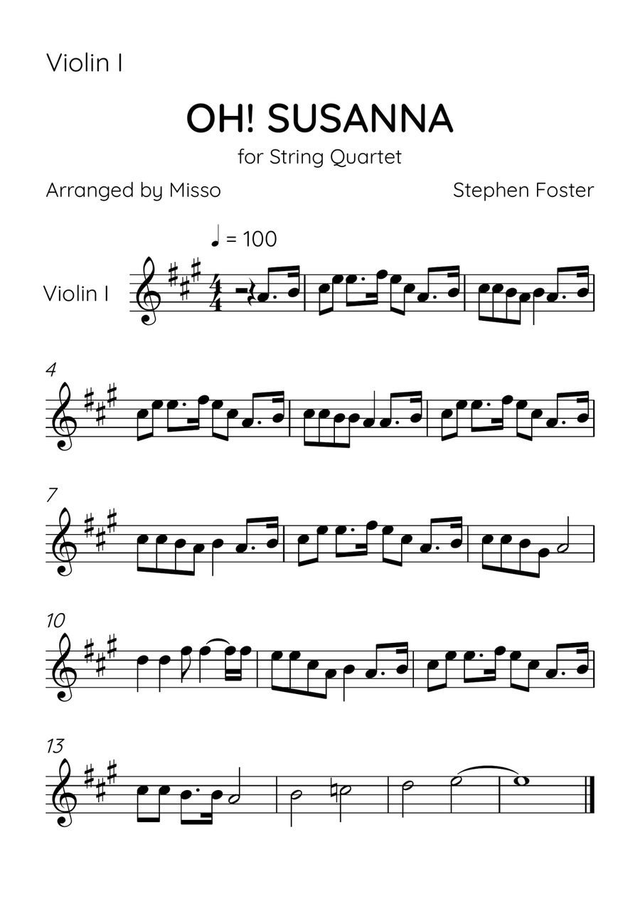 Oh! Susanna - String Quartet in A Major - Intermediate Level - Sheet Music String Quartet scores gallery preview page 3