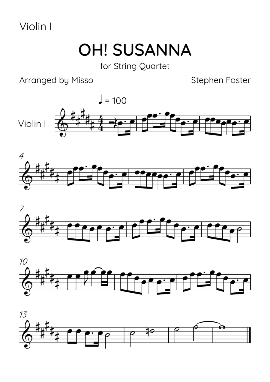 Oh! Susanna - String Quartet in B Major - Intermediate Level - Sheet Music String Quartet scores gallery preview page 3