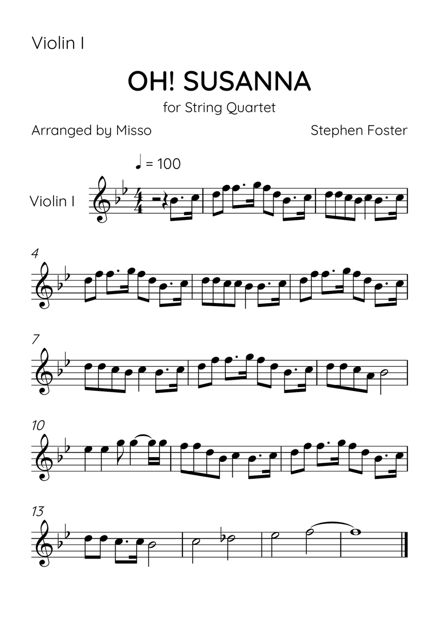 Oh! Susanna - String Quartet in Bb Major - Intermediate Level - Sheet Music String Quartet scores gallery preview page 3