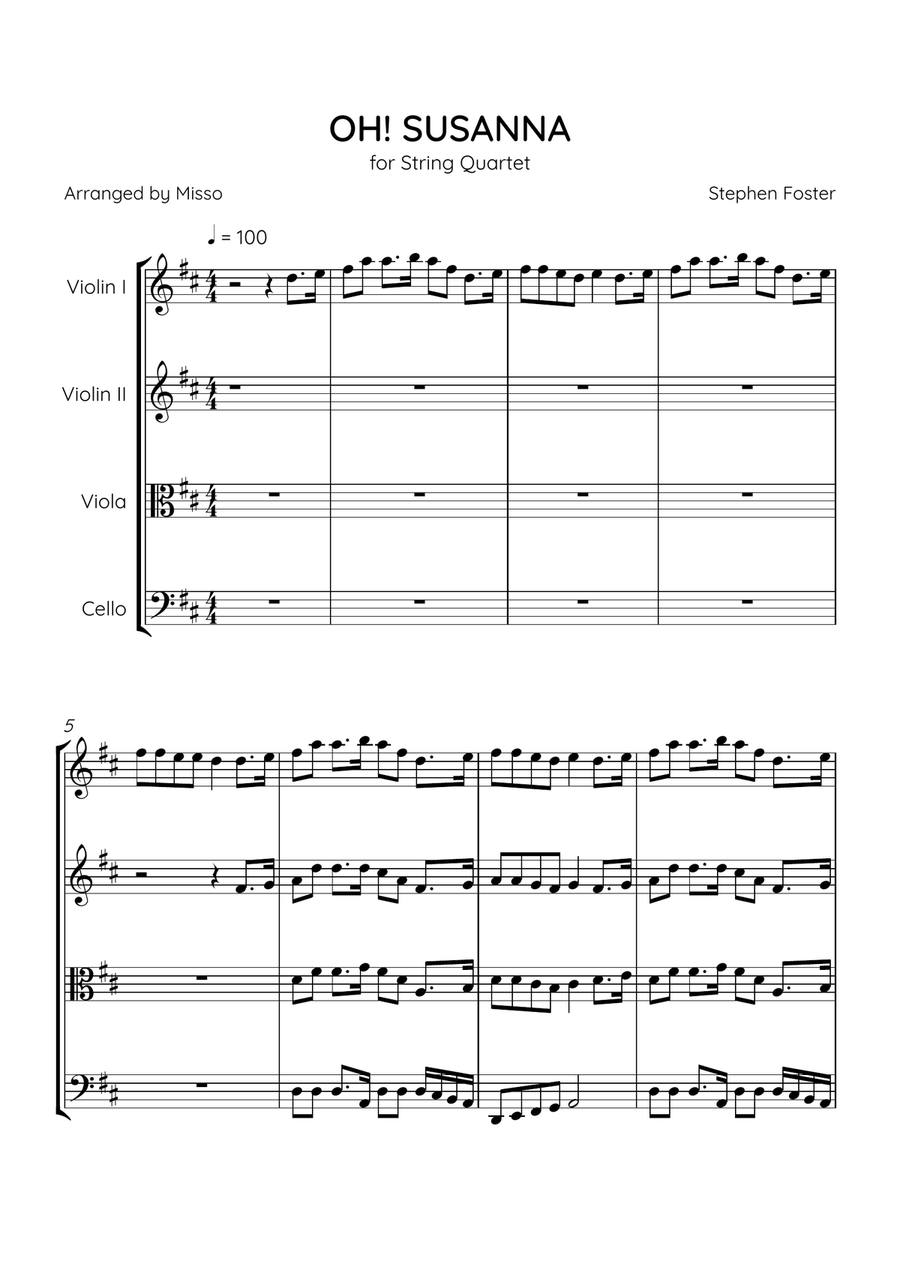 Oh! Susanna - String Quartet in D Major - Intermediate Level - Sheet Music String Quartet scores gallery preview page 1