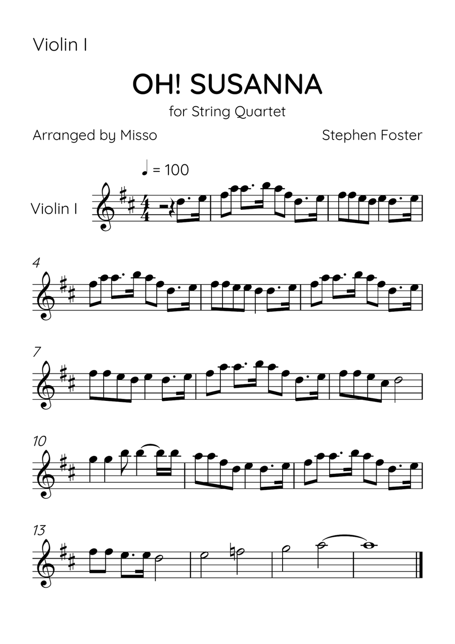 Oh! Susanna - String Quartet in D Major - Intermediate Level - Sheet Music String Quartet scores gallery preview page 3