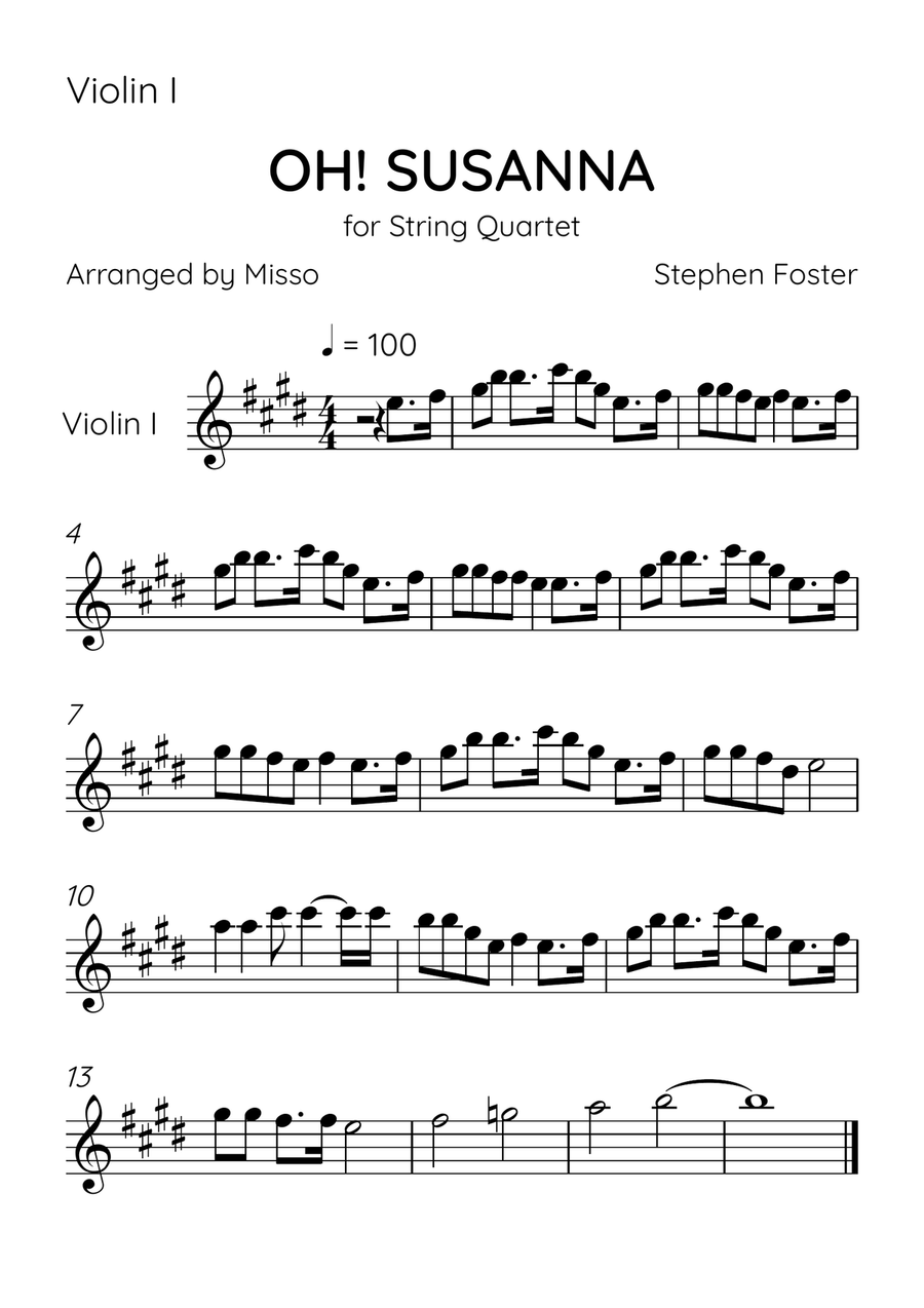 Oh! Susanna - String Quartet in E Major - Intermediate Level - Sheet Music String Quartet scores gallery preview page 3
