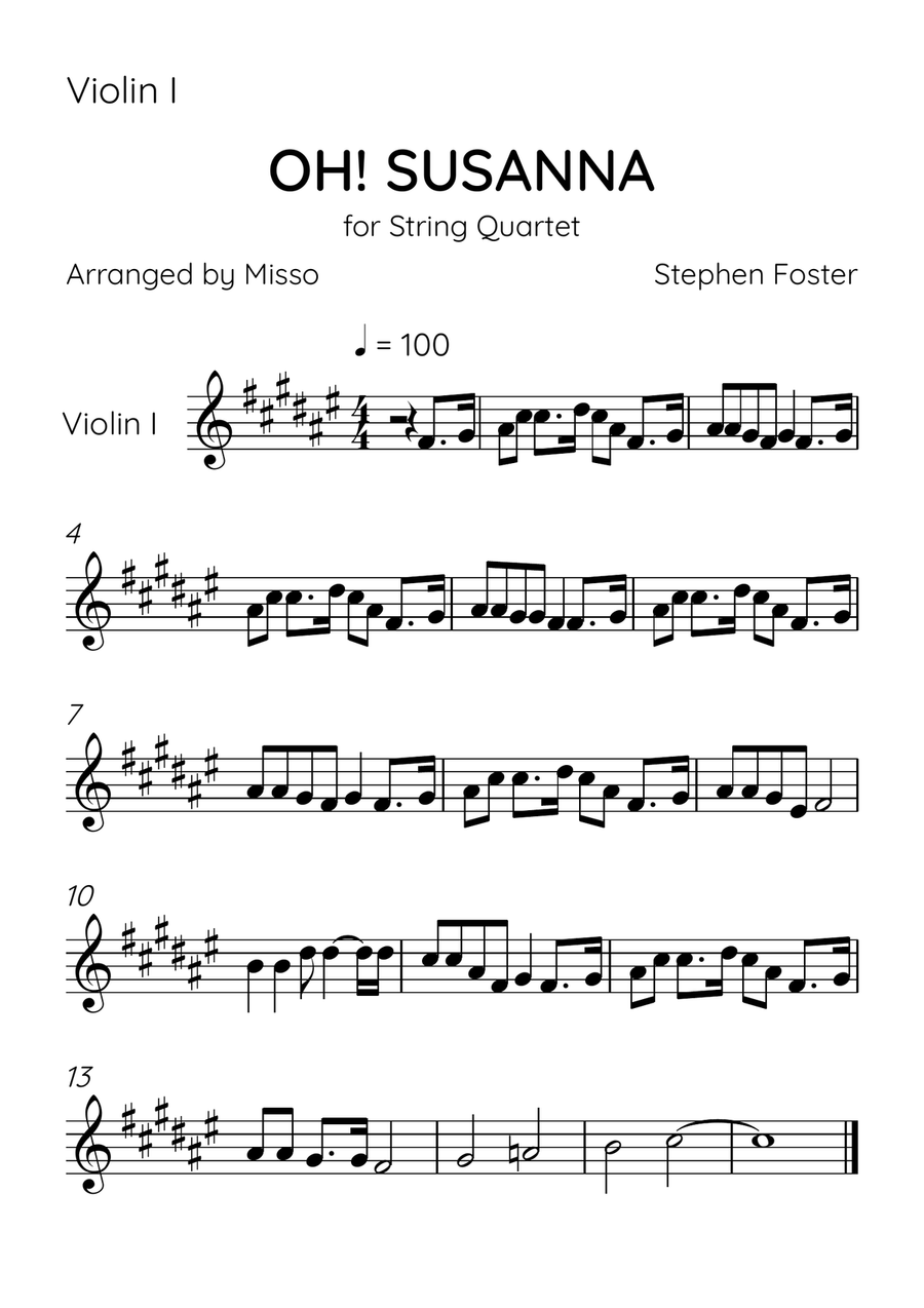 Oh! Susanna - String Quartet in F# Major - Intermediate Level - Sheet Music String Quartet scores gallery preview page 3