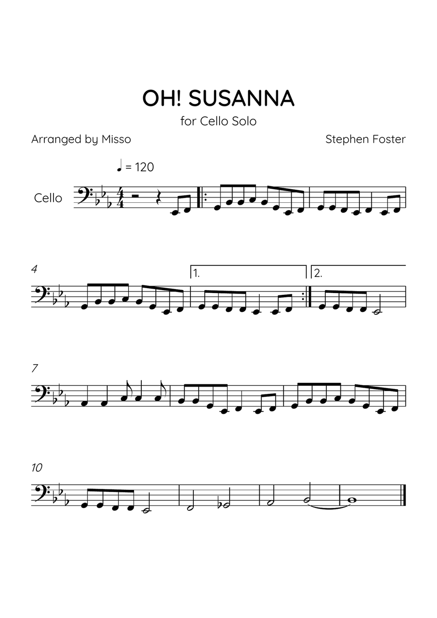 Oh! Susanna - Cello in F Major - Easy Level - Sheet Music Cello Solo scores gallery preview page 1
