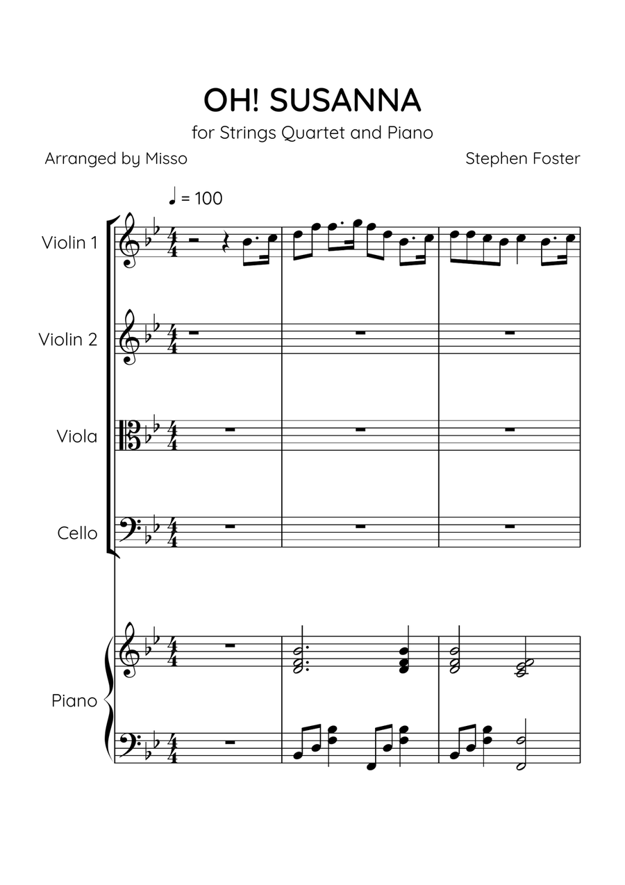 Oh! Susanna - String Quartet and Piano in Bb Major - Intermediate Level - Sheet Music String Quartet scores gallery preview page 1