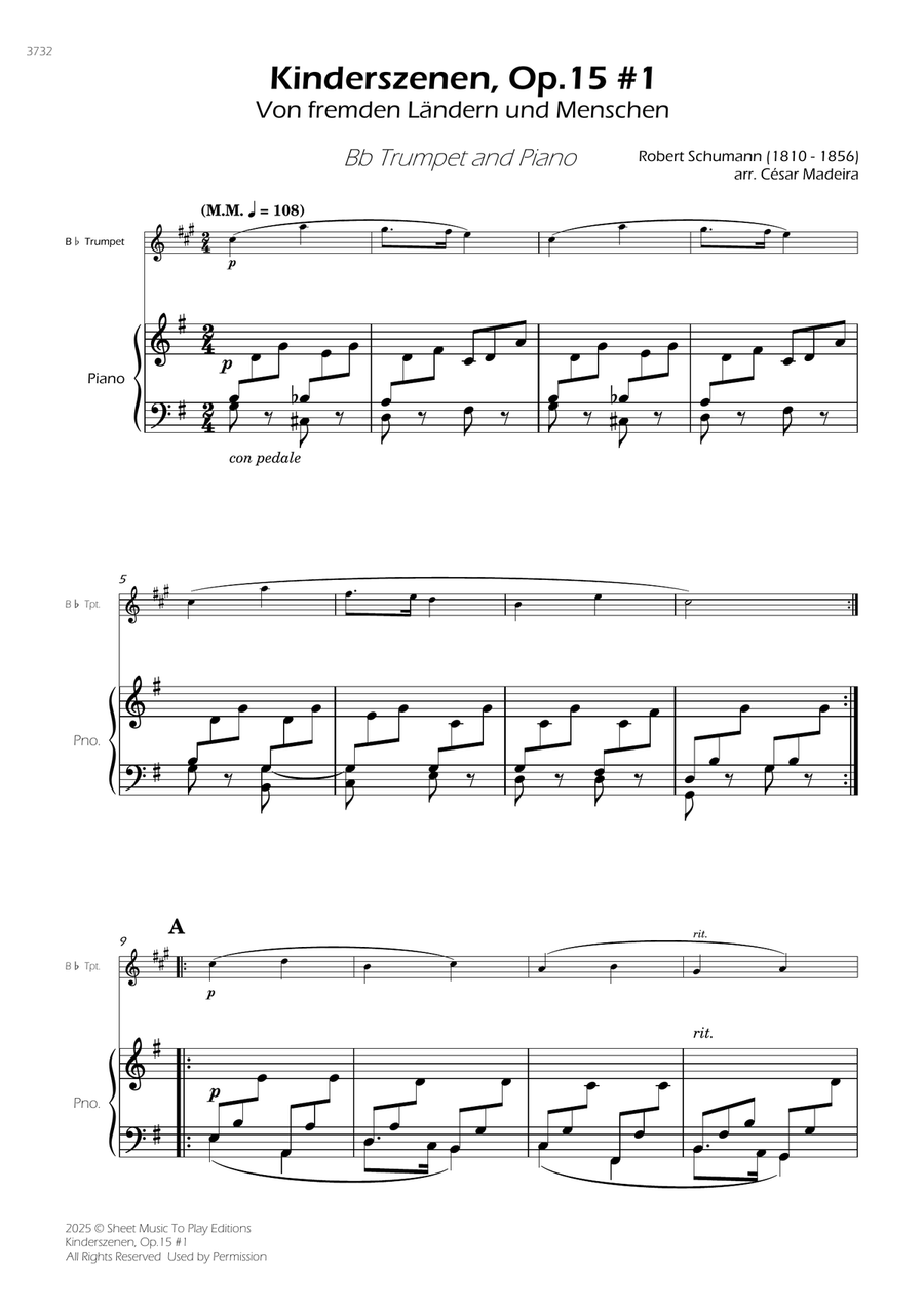 Kinderszenen, Op.15 No.1 - Bb Trumpet and Piano (Full Score and Parts) B-Flat Trumpet scores gallery preview page 1