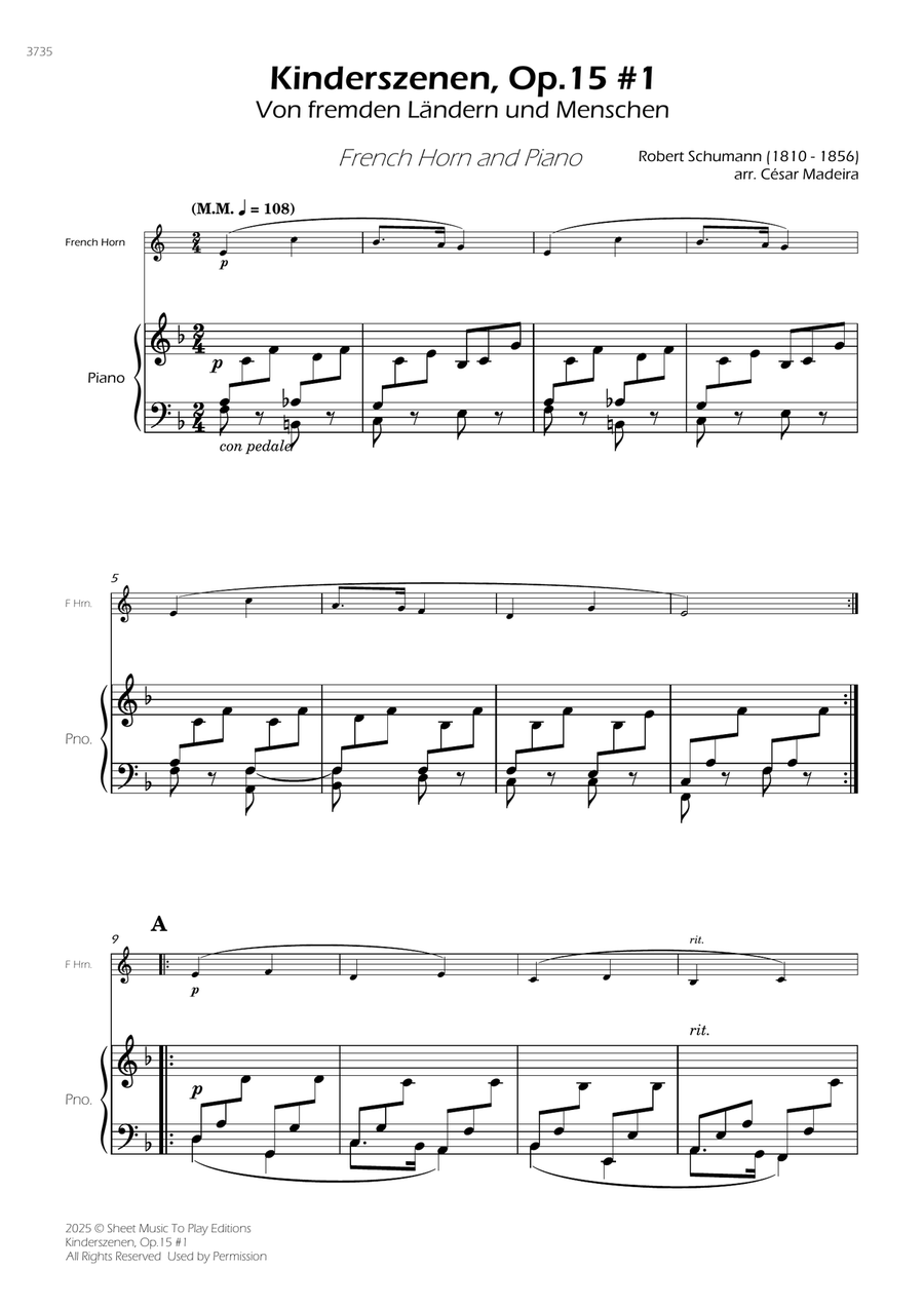 Kinderszenen, Op.15 No.1 - French Horn and Piano (Full Score and Parts) Piano scores gallery preview page 1