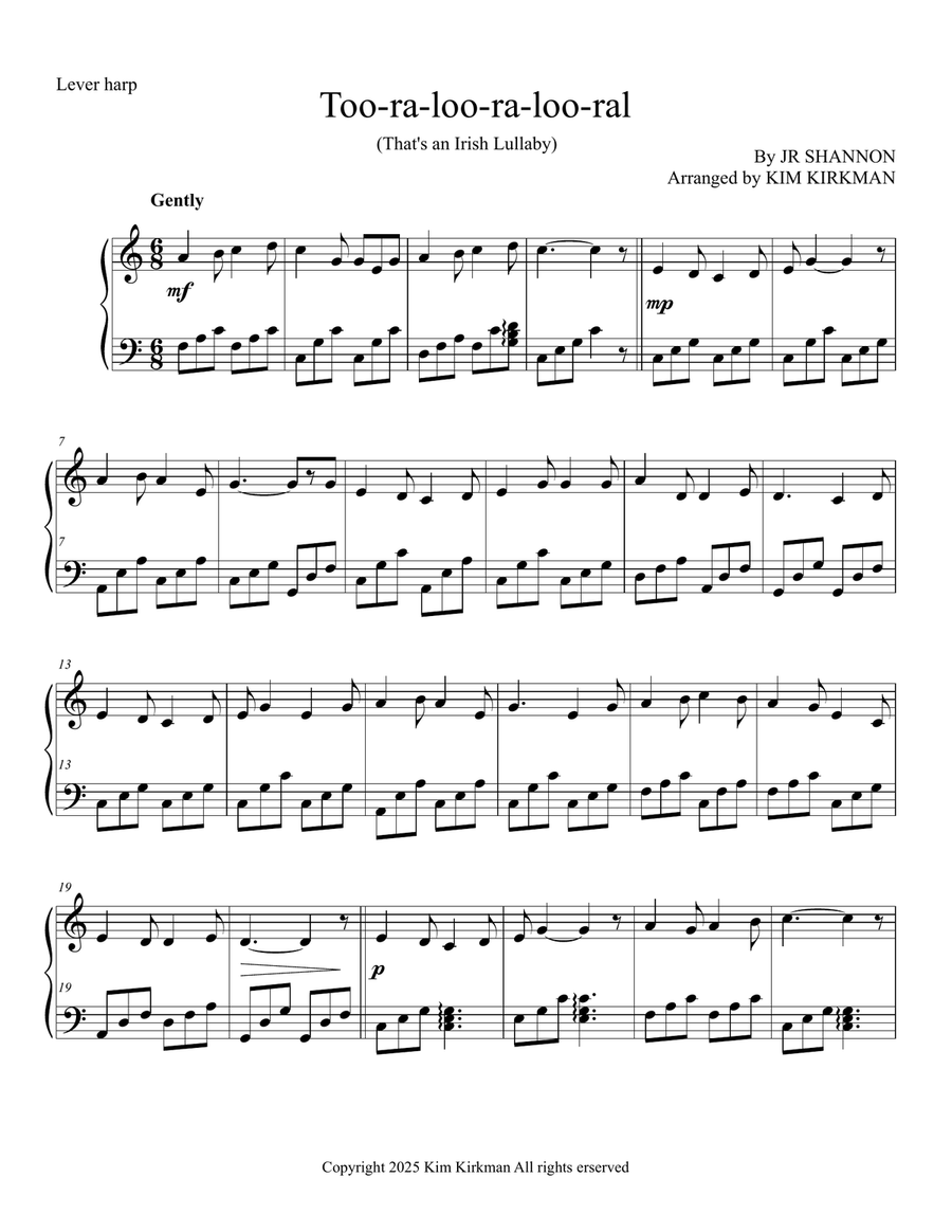 Too-ra-loo-ra-loo-ral (That's an Irish Lullaby) arranged for lever harp in C (no levers required) Celtic Harp scores gallery preview page 1