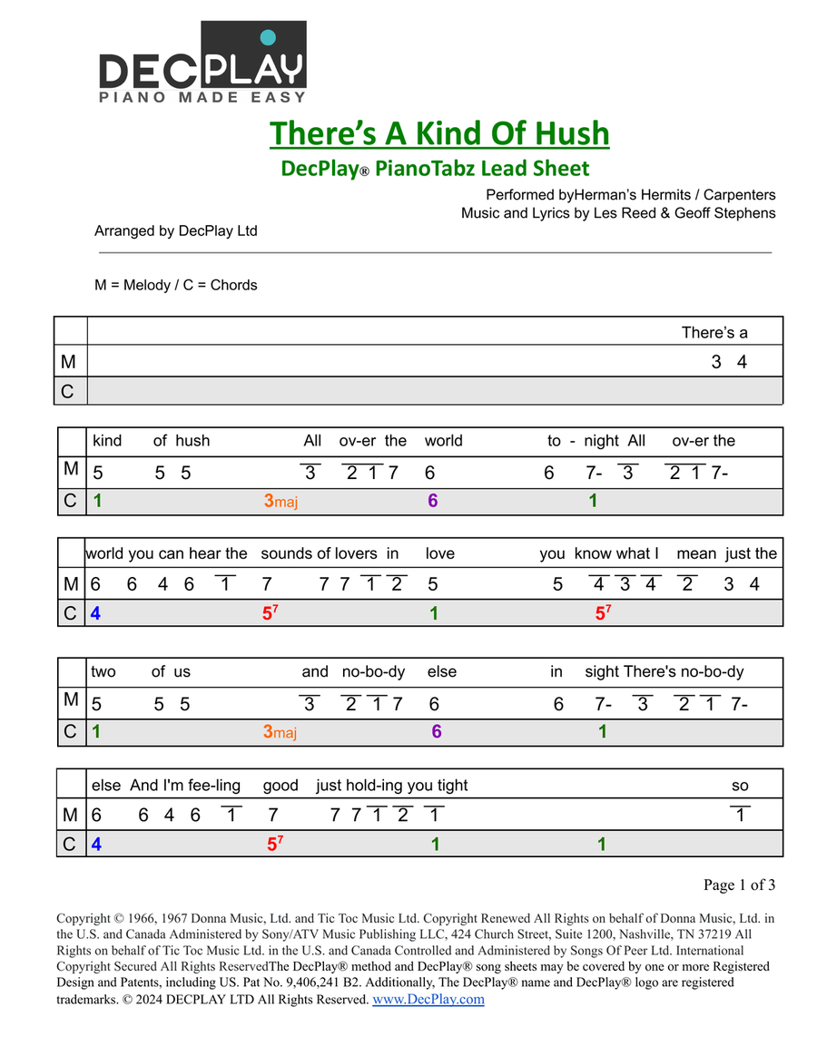 There's A Kind Of Hush (All Over The World) Easy Piano scores gallery preview page 1