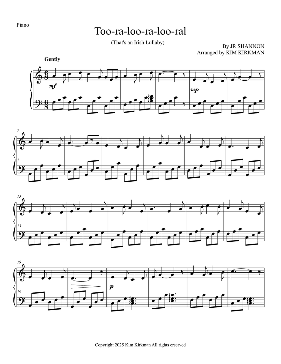 Too-ra-loo-ra-loo-ral (That's an Irish Lullaby) arranged for piano in C (no black notes required) Piano Solo scores gallery preview page 1