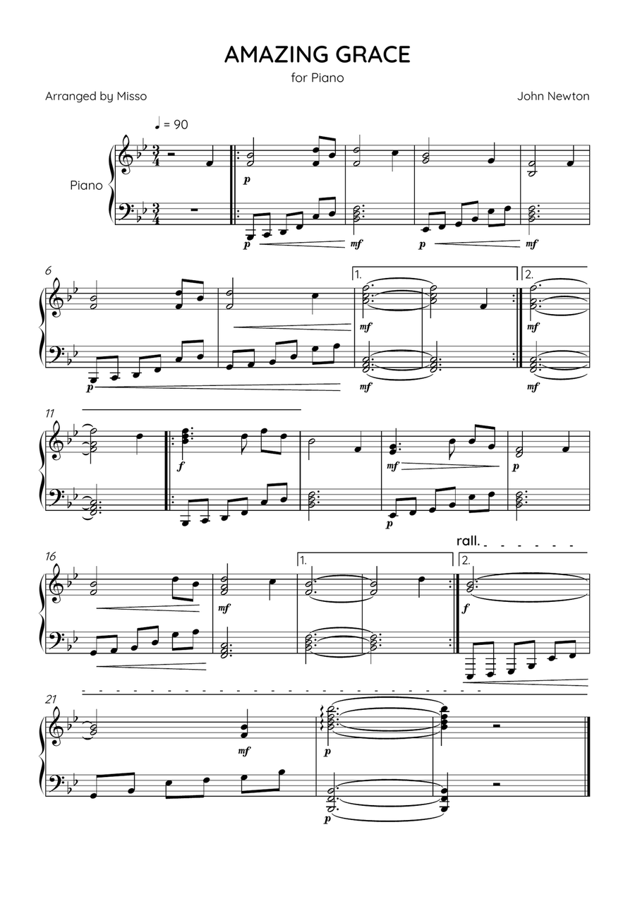 Amazing Grace - Piano Solo in Bb Major - Intermediate Level - Sheet Music Piano Solo scores gallery preview page 1