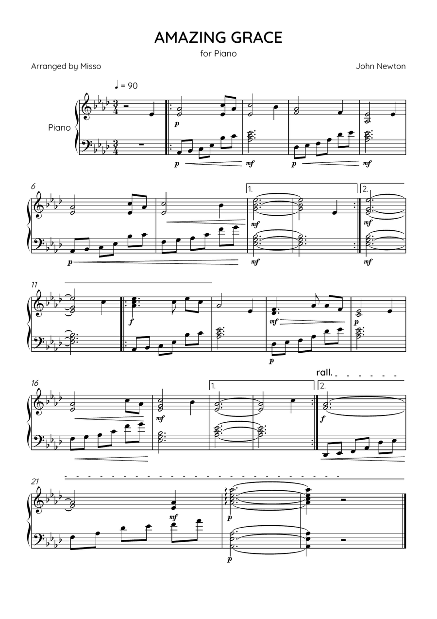 Amazing Grace - Piano Solo in Ab Major - Intermediate Level - Sheet Music Piano Solo scores gallery preview page 1