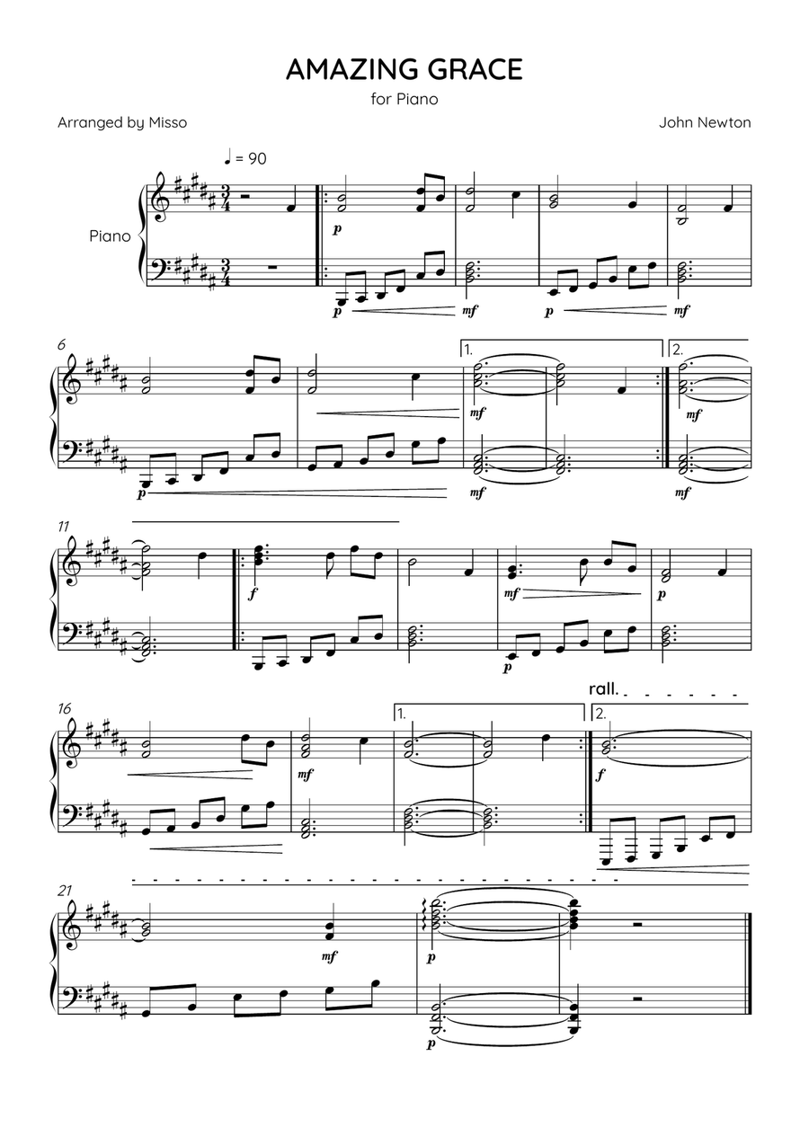 Amazing Grace - Piano Solo in B Major - Intermediate Level - Sheet Music Piano Solo scores gallery preview page 1