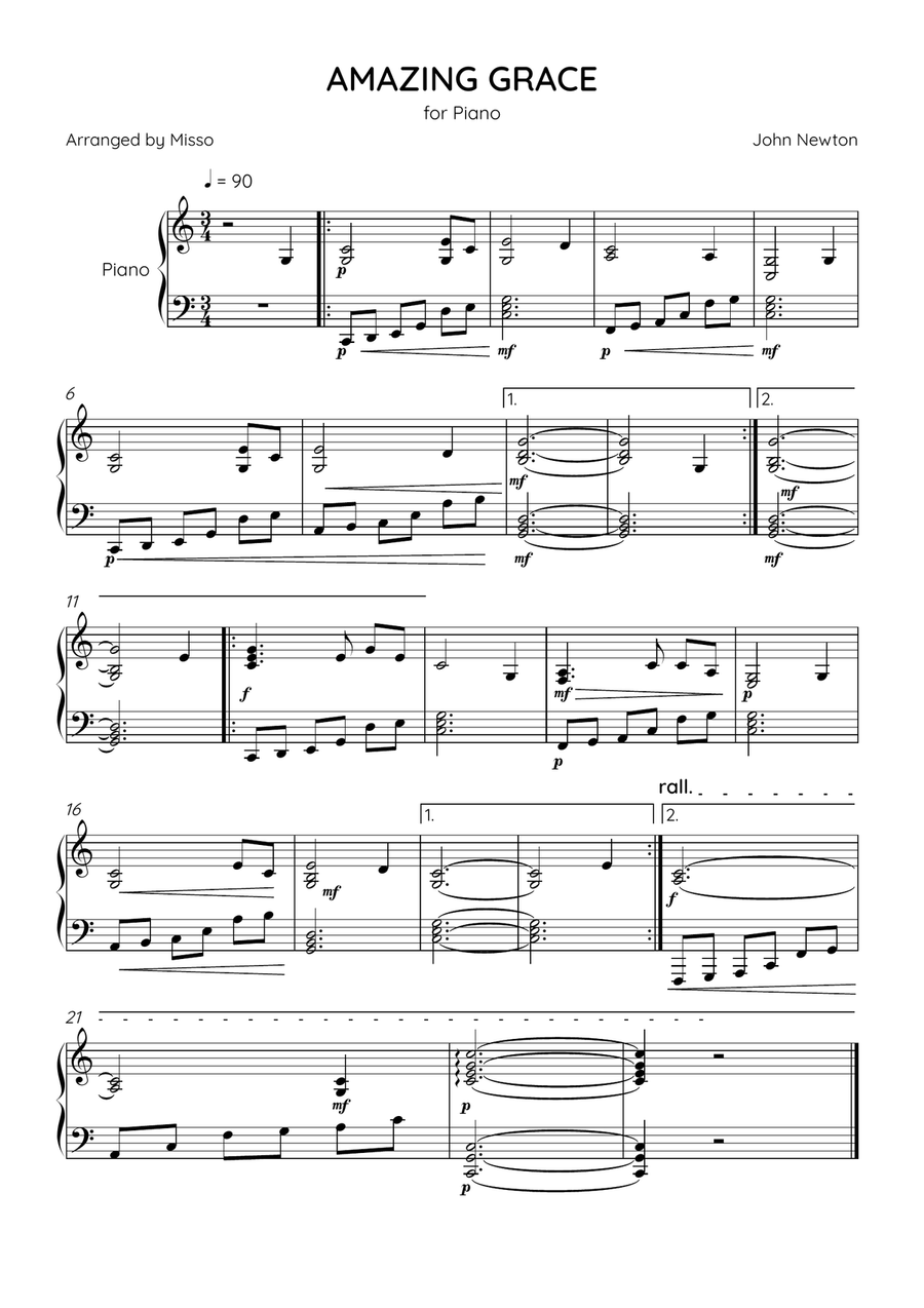 Amazing Grace - Piano Solo in C Major - Intermediate Level - Sheet Music Piano Solo scores gallery preview page 1