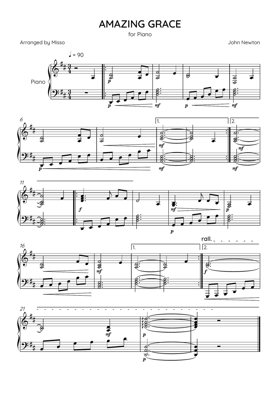 Amazing Grace - Piano Solo in D Major - Intermediate Level - Sheet Music Piano Solo scores gallery preview page 1