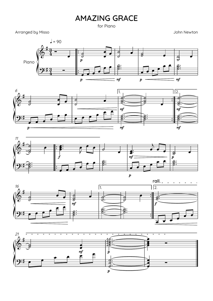 Amazing Grace - Piano Solo in G Major - Intermediate Level - Sheet Music Piano Solo scores gallery preview page 1