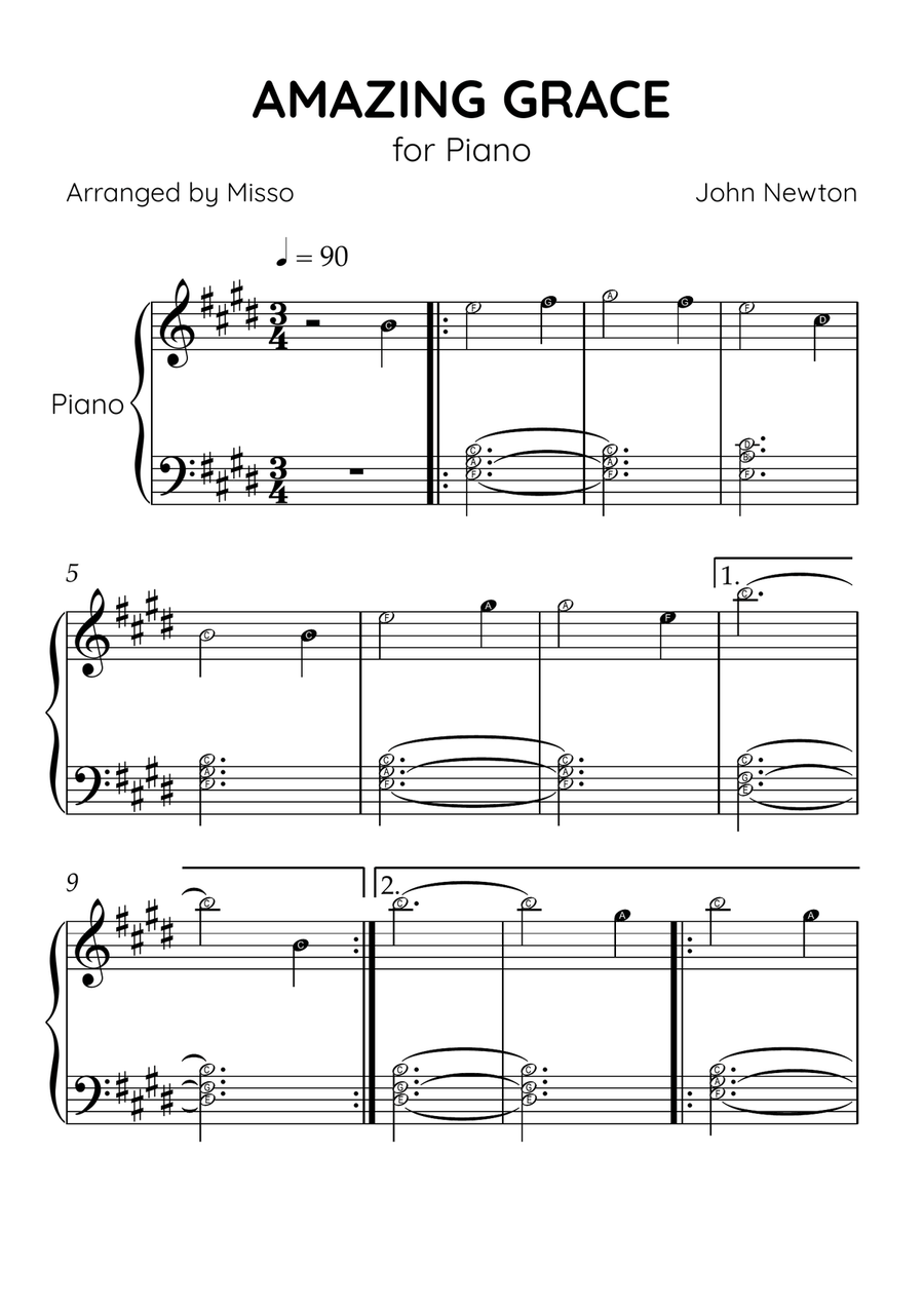 Amazing Grace - Piano Solo in E Major - Beginner Level Letter Names Easy Piano scores gallery preview page 1