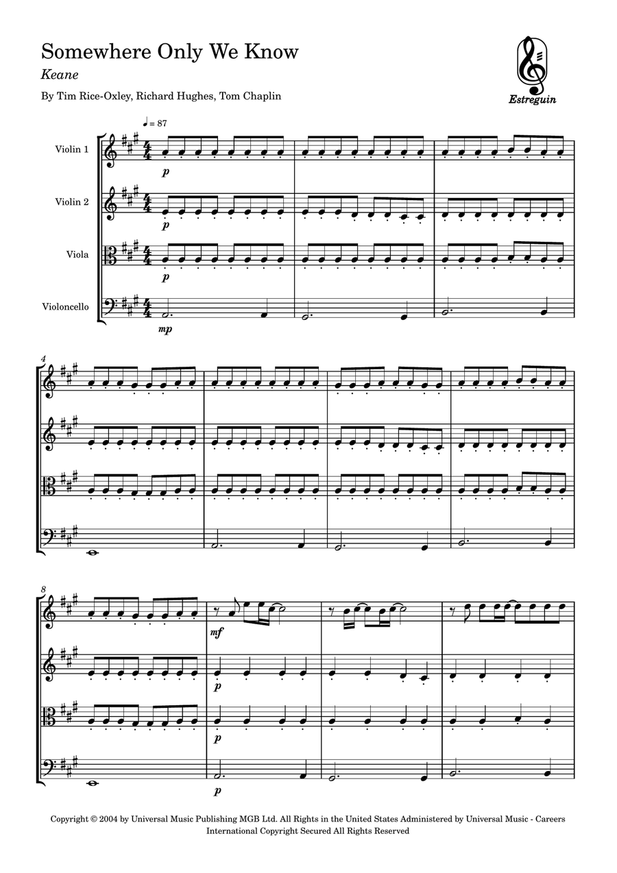Somewhere Only We Know Somewhere Only We Know String Quartet scores gallery preview page 1