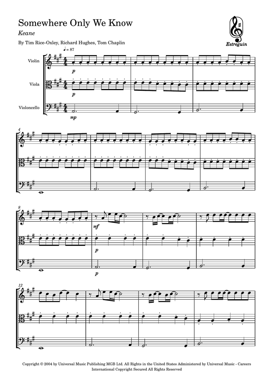 Somewhere Only We Know Somewhere Only We Know String Trio scores gallery preview page 1
