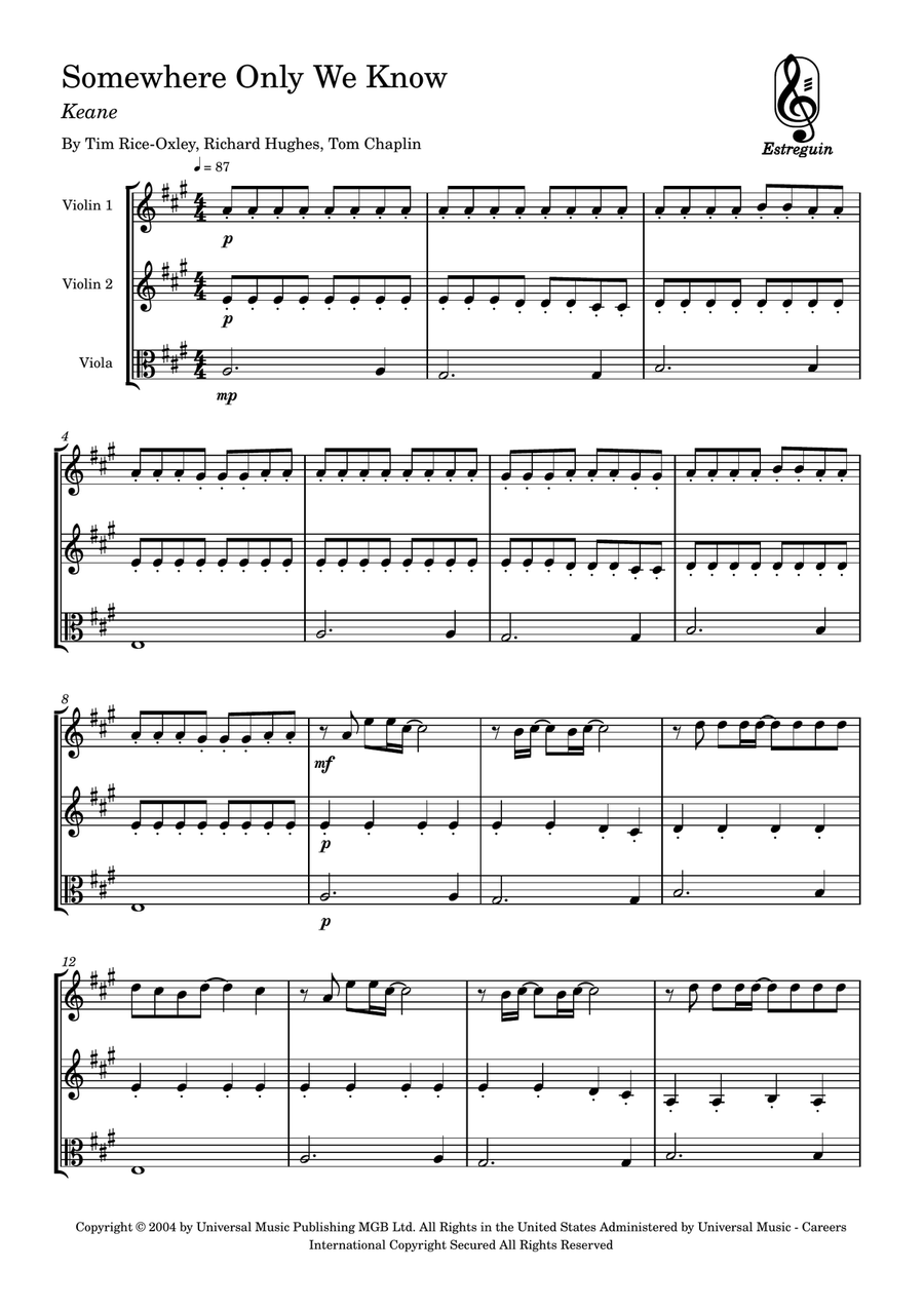 Somewhere Only We Know Somewhere Only We Know String Trio scores gallery preview page 1