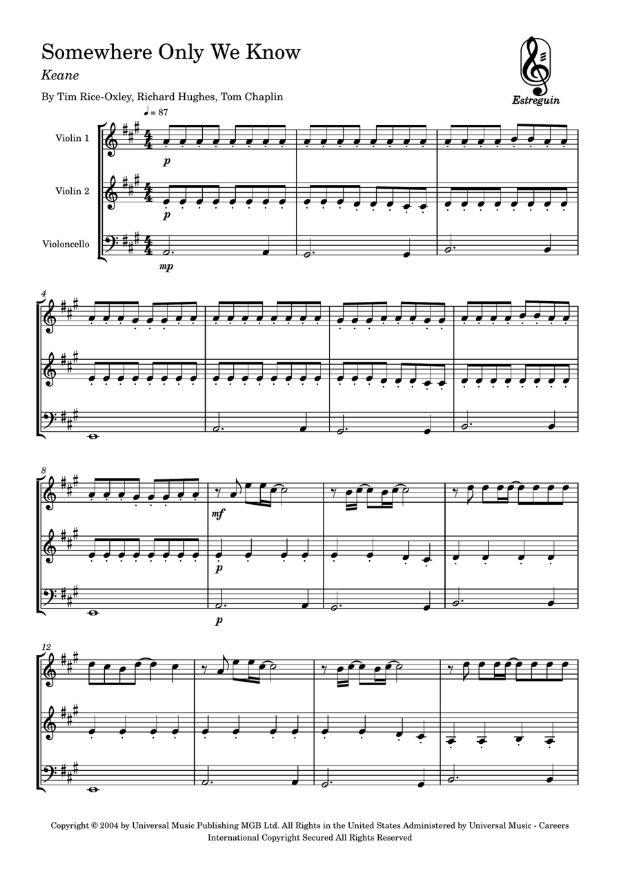 Somewhere Only We Know Somewhere Only We Know String Trio scores gallery preview page 1