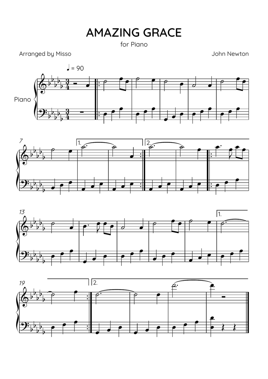 Amazing Grace - Piano Solo in Db Major - Easy Level Easy Piano scores gallery preview page 1