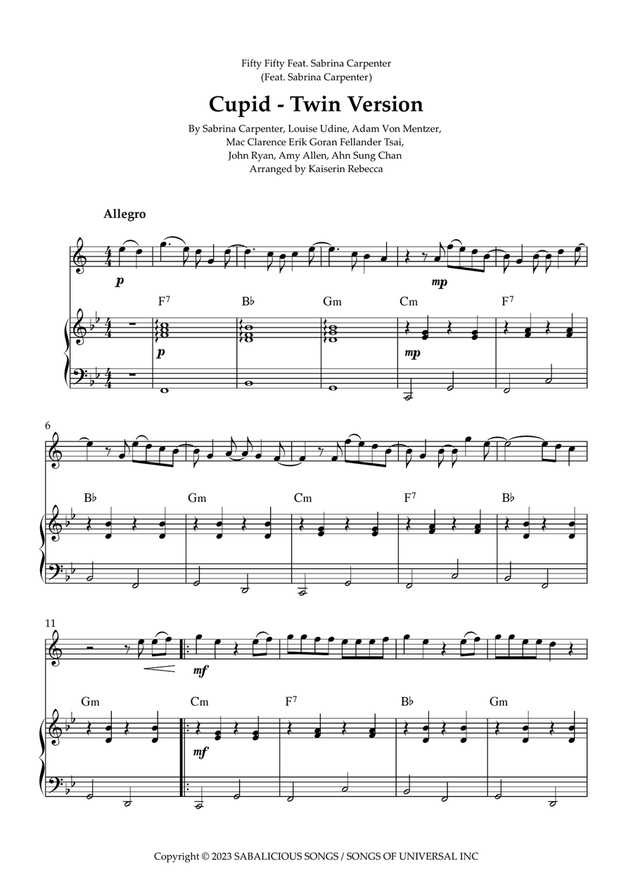 Cupid - Twin Version (Feat. Sabrina Carpenter) B-Flat Clarinet scores gallery preview page 1