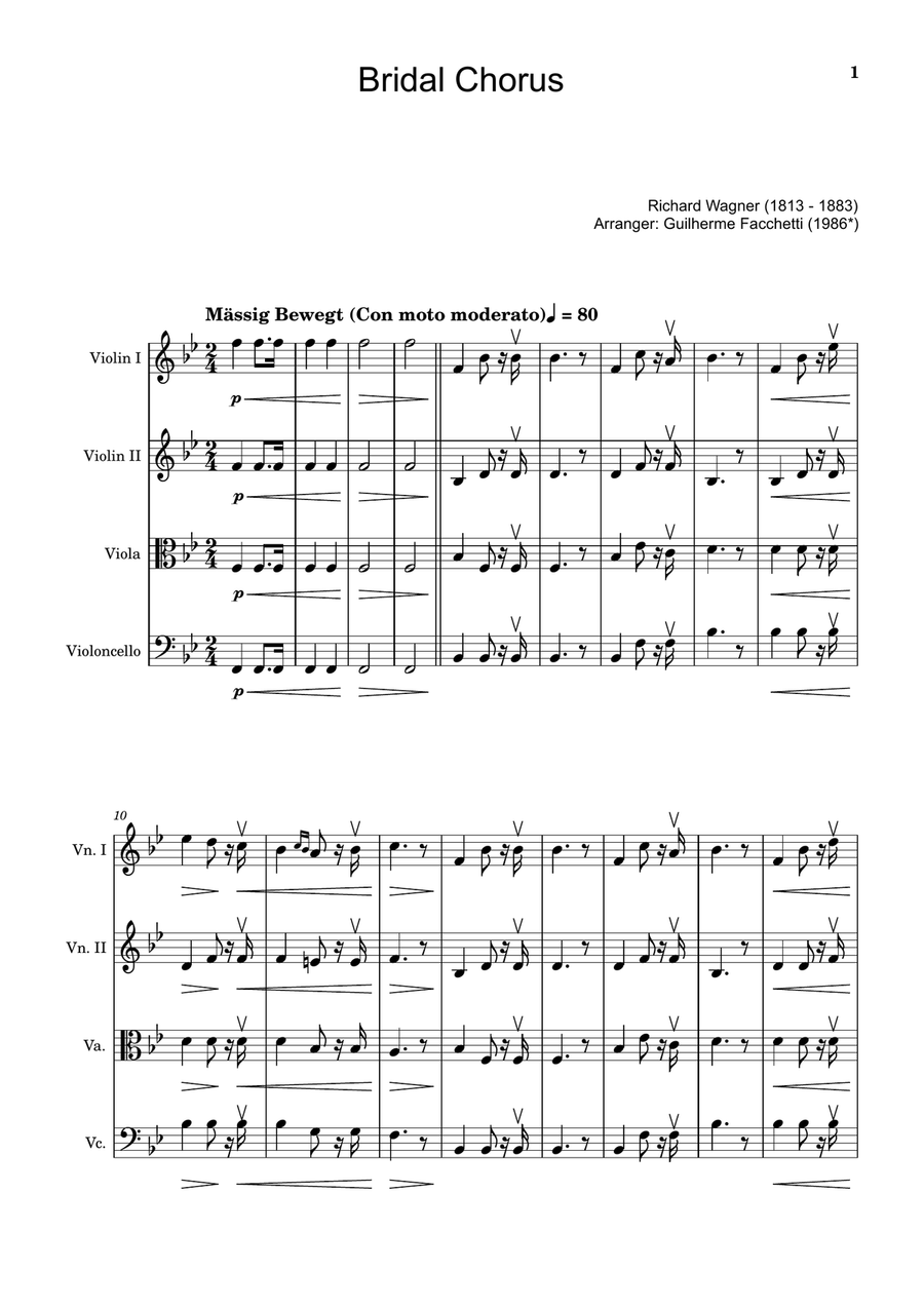Bridal Chorus. R. Wagner - Arranged for String Quartet. Score and Parts String Quartet scores gallery preview page 1
