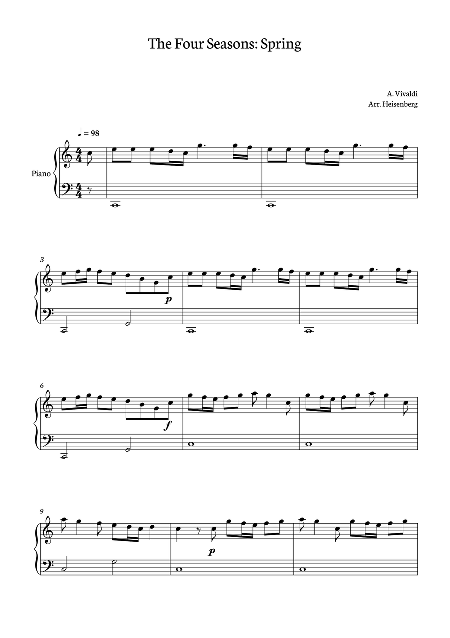 A. Vivaldi - Four Seasons - Spring for piano in C easy version Easy Piano scores gallery preview page 1