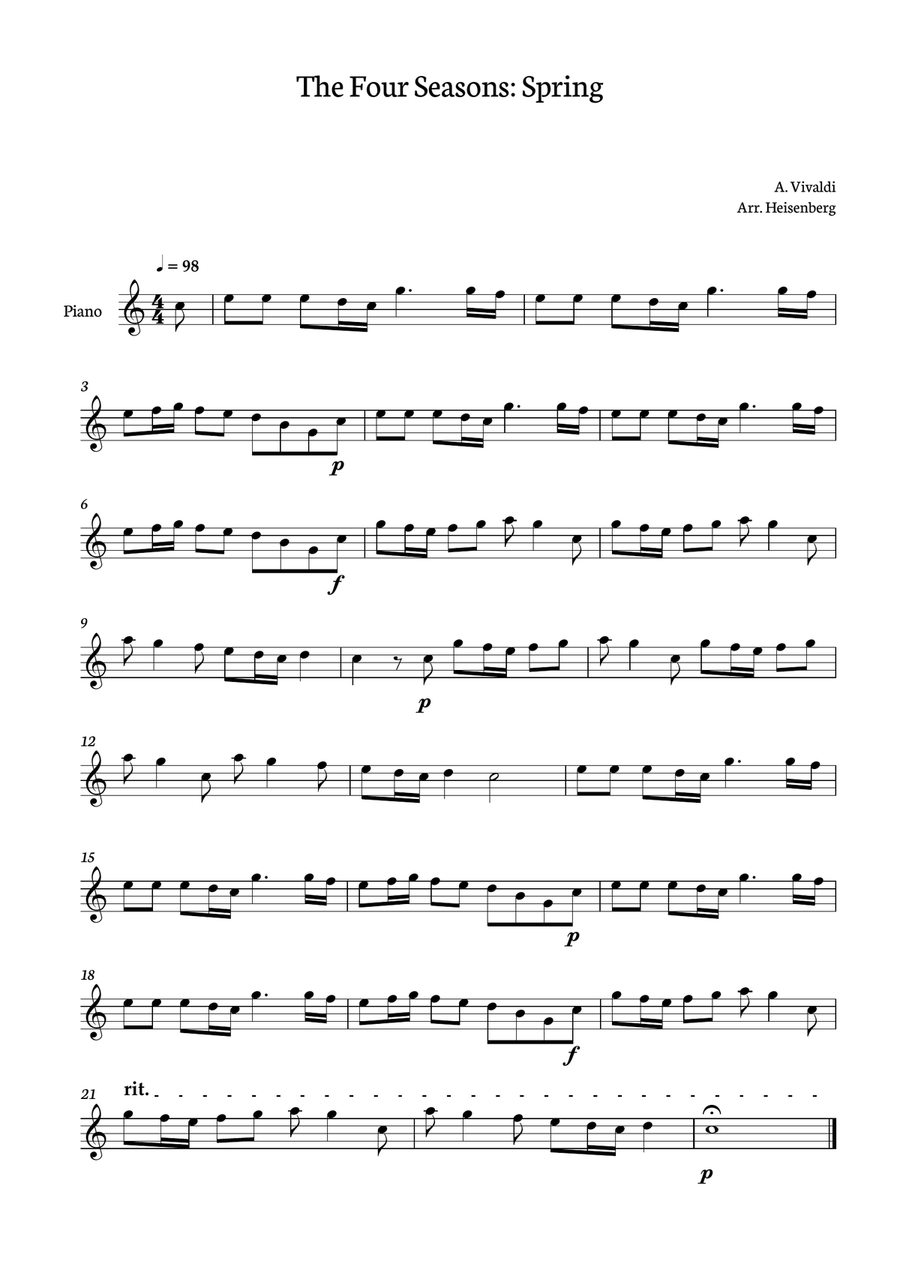 A. Vivaldi - Four Seasons - Spring for piano in C easy version (one Hand) Easy Piano scores gallery preview page 1