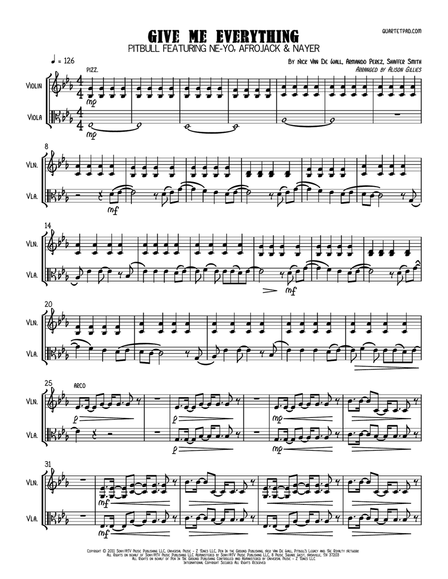 Give Me Everything (Tonight) String Duet scores gallery preview page 1