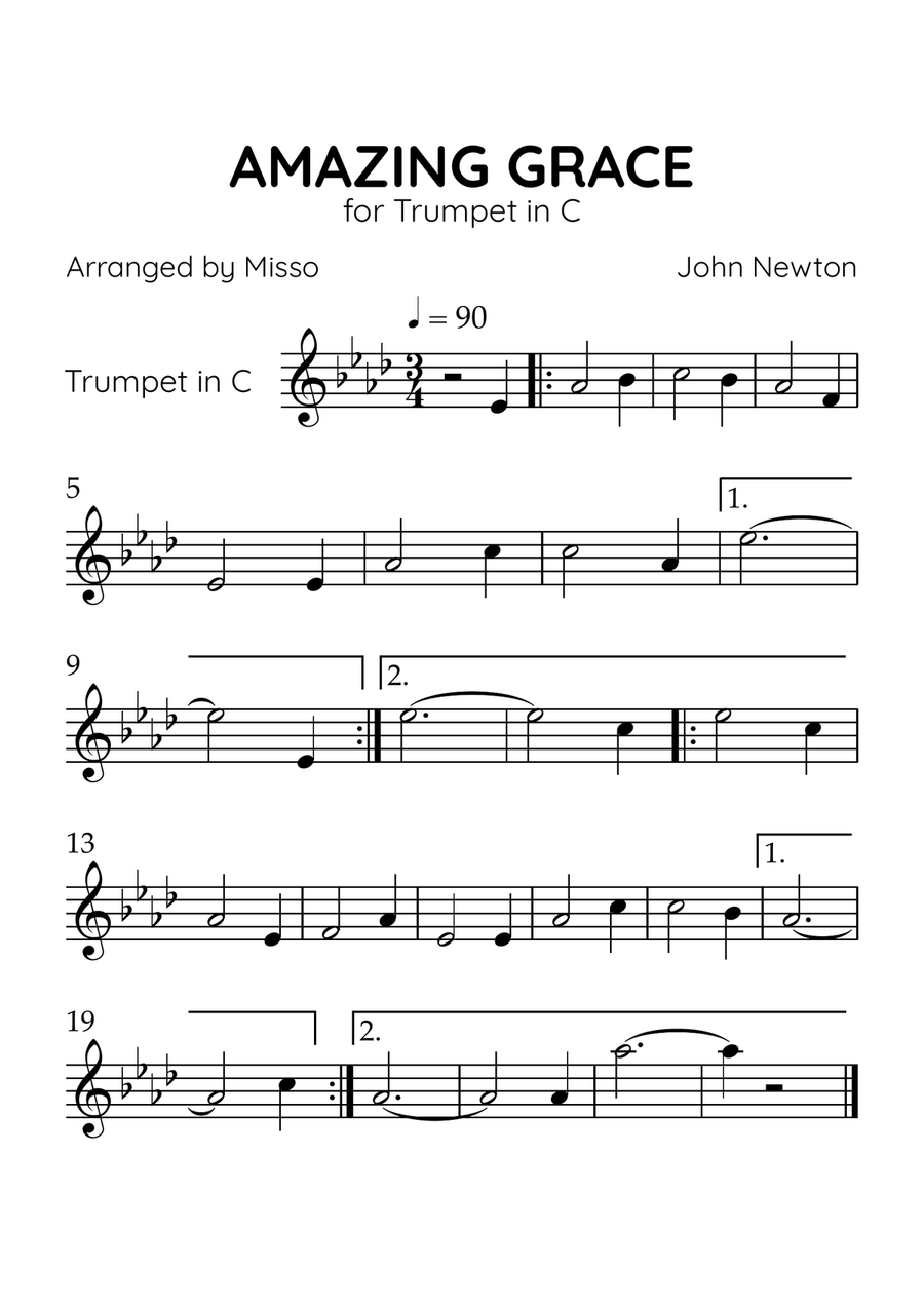 Amazing Grace - Trumpet in Ab Major - Beginner Level C Trumpet scores gallery preview page 1