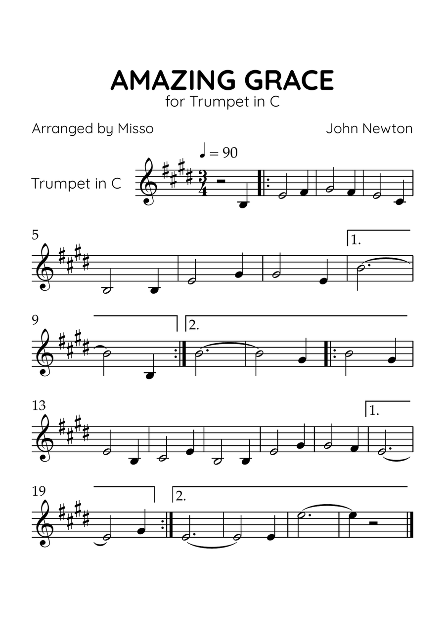 Amazing Grace - Trumpet in E Major - Beginner Level C Trumpet scores gallery preview page 1