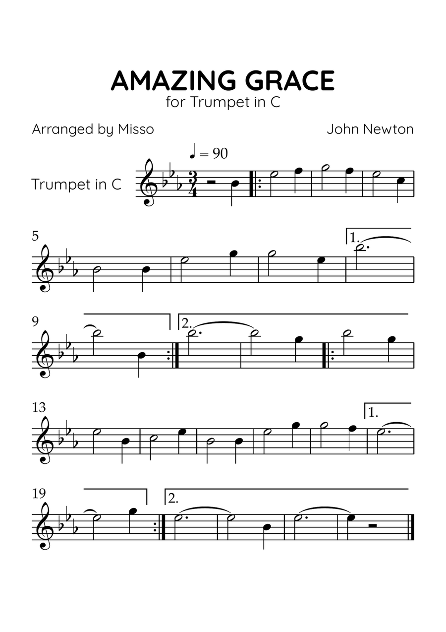 Amazing Grace - Trumpet in Eb Major - Beginner Level C Trumpet scores gallery preview page 1