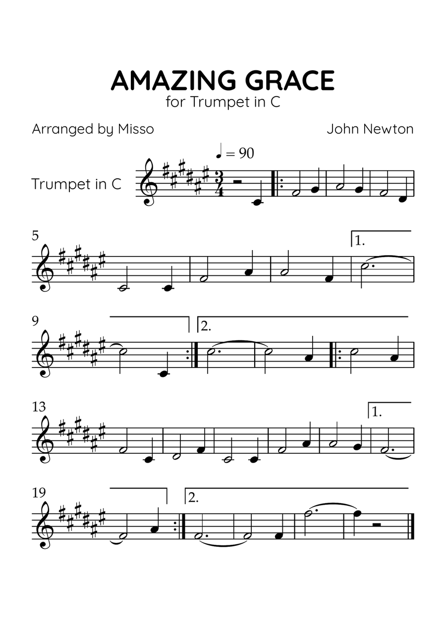 Amazing Grace - Trumpet in F# Major - Beginner Level C Trumpet scores gallery preview page 1